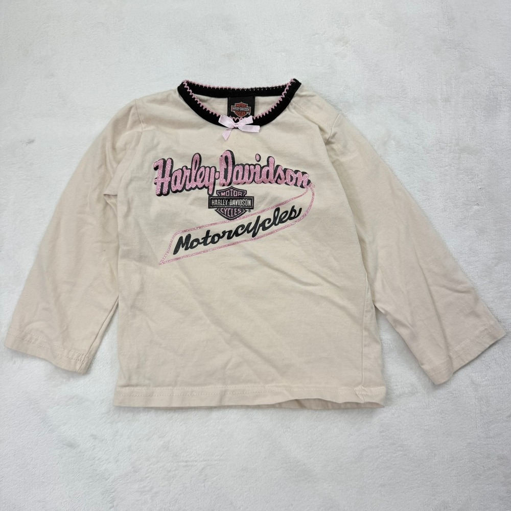 Harley Davidson Toddler Girls Cream Pink Glitter Long Sleeve Shirt 18 Months